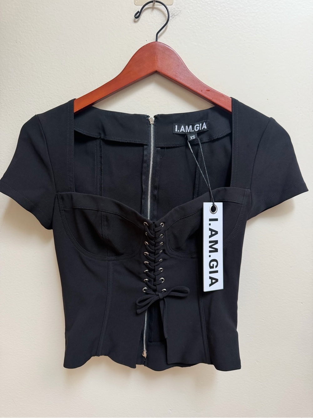 I.AM.GIA Black Lace-Up Bustier Crop Top